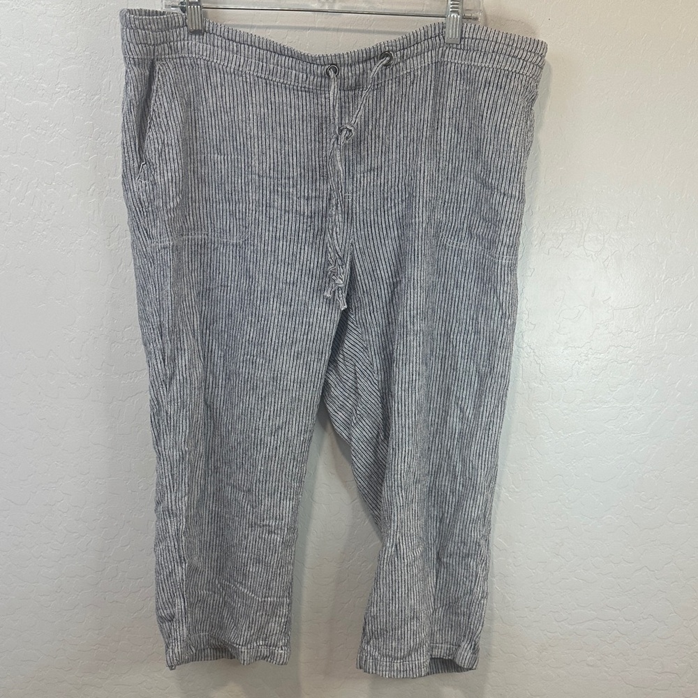 Navy White Striped capri pants women’s plus size 1X linen‎ blend coastal beachy